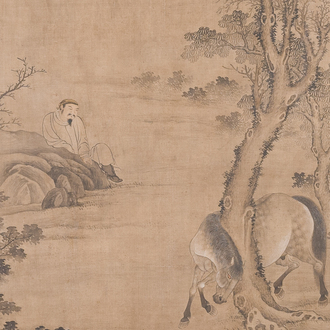Ecole chinoise: 'Homme avec deux chevaux', encre et couleur sur soie, 18/19ème