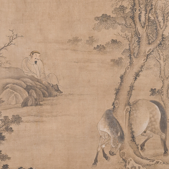 Chinese school: 'Man with two horses', ink and colour on silk, 18/19th C.