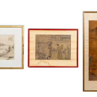 Ecole chinoise: trois oeuvres diverses, encre et couleur sur soie, une oeuvre signée Dai Xi 戴熙, 18/19ème