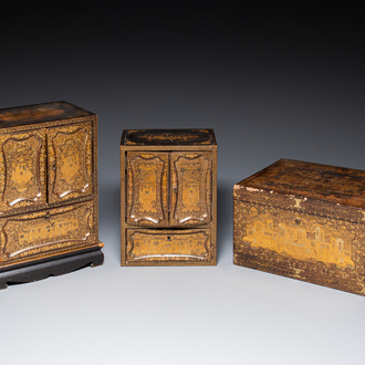 Two Chinese Canton gilt black lacquer miniature cabinets and a box, 19th C.