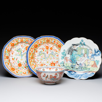 A pair of Chinese English-decorated plates and a Dutch-overdecorated Chinese bowl and plate, Qianlong