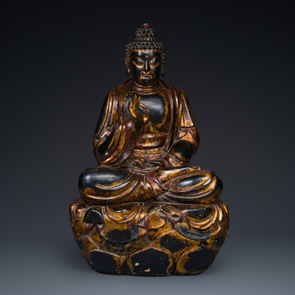 A fine and large Japanese gilt-lacquered wooden sculpture of a Buddha Shaka, Edo