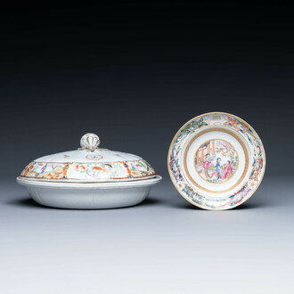 Une terrine couverte à deux compartiments et une assiette monogrammée en porcelaine de Chine famille rose de Canton, 19ème