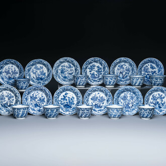 Twelve Chinese blue and white cups and saucers with floral design, jade mark, Kangxi