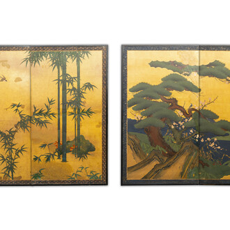 Deux paravents 'byobu' en papier peint, Japon, Meiji, 19ème