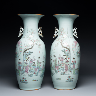 Pair of Chinese famille rose vases with ladies in a garden, signed Rongfang, 19/20th C.