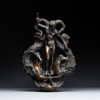 A large bronze door knocker with Neptune and two winged horses, Venice, 19th C.