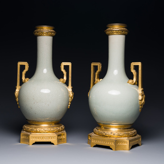 A pair of Chinese ge-type vases with gilt bronze mounts, 19th C.