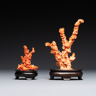 Two Chinese red coral groups of birds among flowers, 19/20th C.