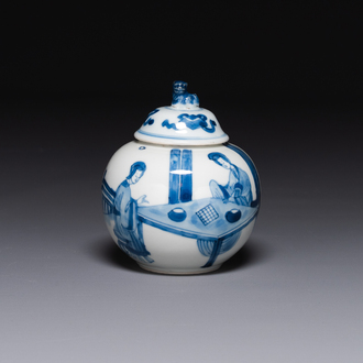 A Chinese blue and white 'Long Eliza' tea caddy and cover, conical shell mark, Kangxi