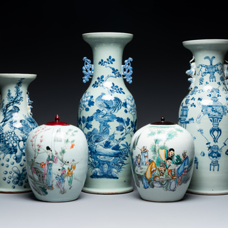 Three Chinese celadon-ground blue and white vases and two famille rose jars, 19/20th C.