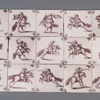 Quinze carreaux en faïence de Delft en manganèse à décor de cavaliers, fin du 17ème