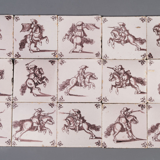 Fifteen Dutch Delft manganese tiles with horse riders, late 17th C.