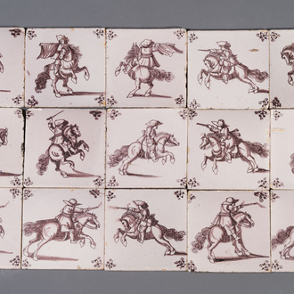 Fifteen Dutch Delft manganese tiles with horse riders, late 17th C.