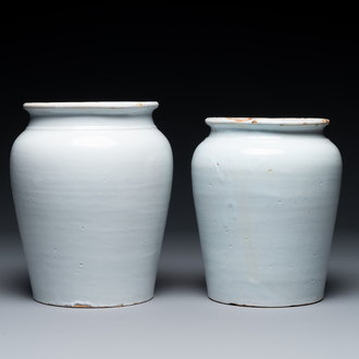Two white glazed pottery tobacco jars, France, late 18th C.
