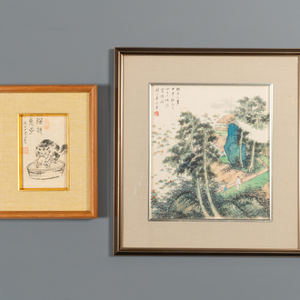 Pu Xinyu 溥心畬 (1896-1963): 'Kat en konijn' en Wu Xizeng 吳熙曾 (1904-1972): 'Landschap', inkt en kleur op papier