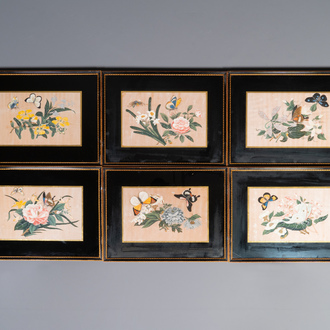 Six framed Chinese rice paper paintings with flowers and butterflies, Canton, 19th C.