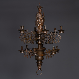 A Flemish or Dutch bronze Gothic Revival large bronze 'Madonna and Child' chandelier, 19th C.