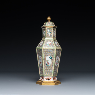 A hexagonal Chinese famille rose vase and cover with gilt bronze mounts, Qianlong