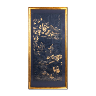 Yu Zhiding 禹之鼎 (1647-1716): 'Shoulao rencontre des déesses', encre doré et argenté sur papier indigo, datée 1696