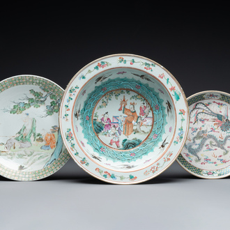 A Chinese famille verte dish, a famille rose basin and a dish, 19th C.