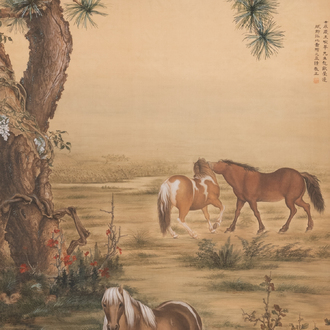 Chang Zenhao 常曾灏: 'Chevaux', encre et couleur sur soie, datée 1952