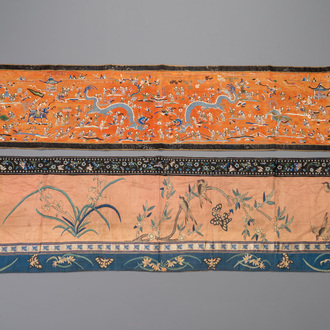 Two Chinese embroidered silk cloths with 'hundred boys' and 'birds and flowers' design, 19th C.