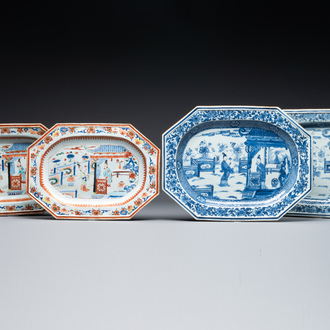 Une paire de plats de forme octogonale en porcelaine de Chine en bleu et blanc à décor de 'Xi Xiang Ji' et une paire de plats famille rose, Yongzheng
