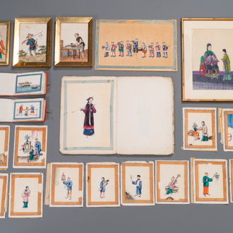 Collection variée de peintures sur papier de riz à décor des personnages, Chine, Canton, 19ème