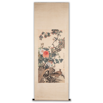 Tian Shiguang 田世光 (1916-1999): 'Vogels en bloemen', inkt en kleur op papier