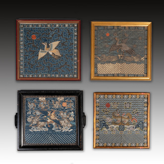 Four framed Chinese gold-thread-embroidered silk 'rank badges', 19th C.