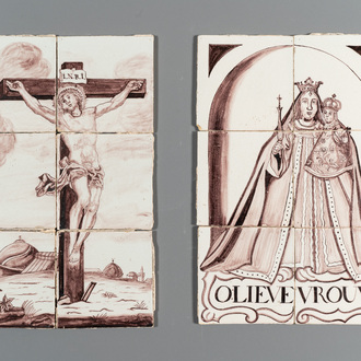 Twee Delftse mangane tegeltableaus met 'De Kruisiging' en 'Onze Lieve Vrouw', wellicht Rotterdam, 2e helft 18e eeuw