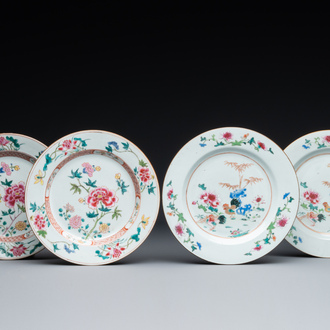 A pair of famille rose 'rooster' plates and a pair of 'floral' plates, Qianlong