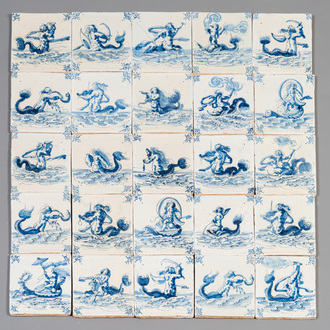 Een uitzonderlijke set van 25 blauw-witte Delftse tegels met fijne zeemonsters, Harlingen, Friesland, 17e eeuw