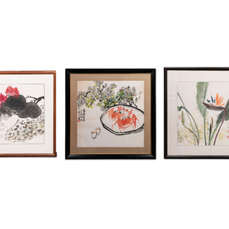 Zhang Leiping 張雷平 (1945): drie diverse werken, inkt en kleur op papier, gedateerd 1988