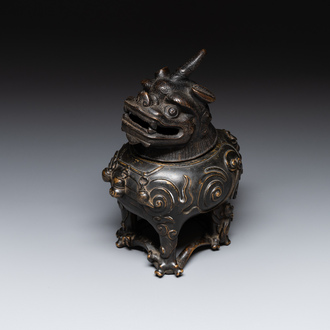 A fine Chinese bronze luduan-form censer and cover, Ming