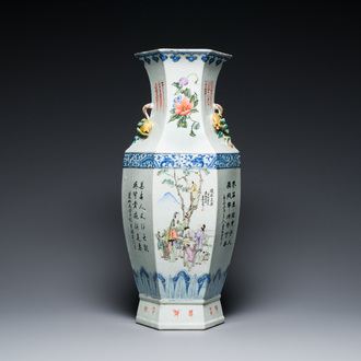 A Chinese hexagonal qianjiang cai vase, signed Hui Ru Shi 慧如氏, dated 1910