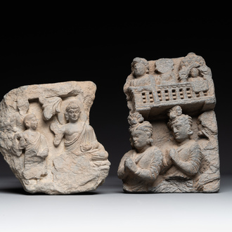 A Gandhara grey schist fragment of a seated Buddha with his disciple and a fragment with five figures, 1/3th C.
