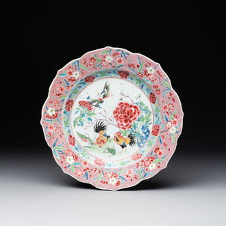 A Chinese famille rose 'roosters' plate, Yongzheng/Qianlong