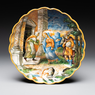 An Italian maiolica 'Istoriato' crespina with The Visitation of Mary to Elizabeth, workshop of Maestro Domenego, Venice, ca. 1570