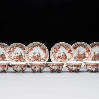 Six Japanese Dutch-decorated or Amsterdams bont 'William and Mary' cups and saucers, Edo, 18th C.