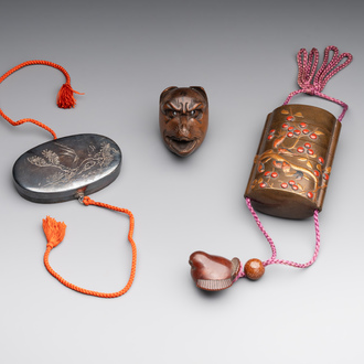 A Japanese lacquerware inro with a bird-shaped netsuke, a wooden 'fox' mask and a silver box, Chang Jia Zhai 常嘉斋 mark, 19th C.
