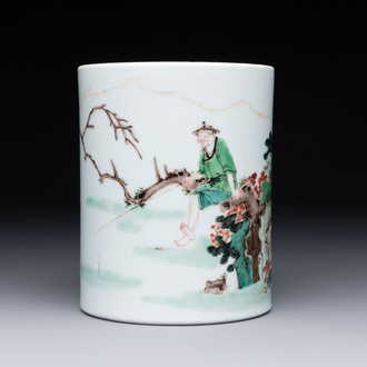A Chinese famille verte 'fisherman' brush pot, 19th C.