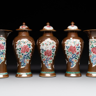 A Chinese capucin-brown-ground famille rose garniture of five vases with floral design, Qianlong