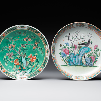 A Chinese famille verte and a famille rose dish with birds among blossom branches, 19th C.