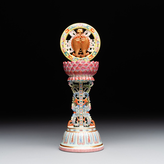 A rare Chinese famille rose Buddhist emblem altar ornament, Qianlong mark and of the period