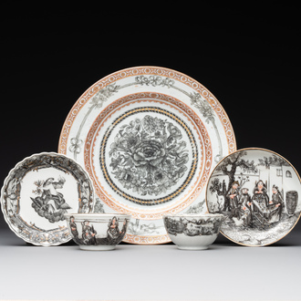 Two Chinese export grisaille cups and saucers and a plate, Qianlong