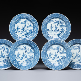 Six Chinese blue and white 'Xi Xiang Ji' plates, Qianlong