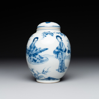 A Chinese blue and white tea caddy and cover with ladies playing music, Kangxi