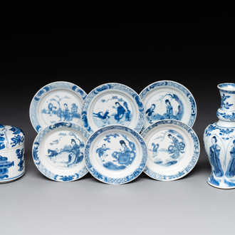 A Chinese blue and white vase, a covered bowl and six saucers, Chenghua and artemisia leaf mark, Kangxi